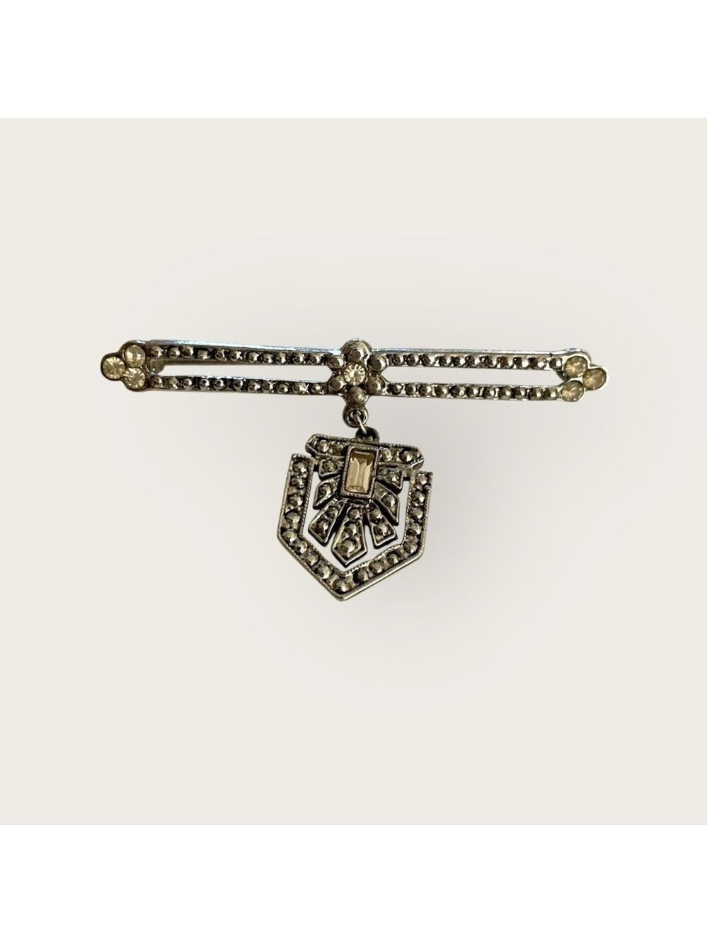 Brooch, Classic Vintage Bar w/Dangling Charm, 2 1/4” x 1”, Silver w/ Rhi…
